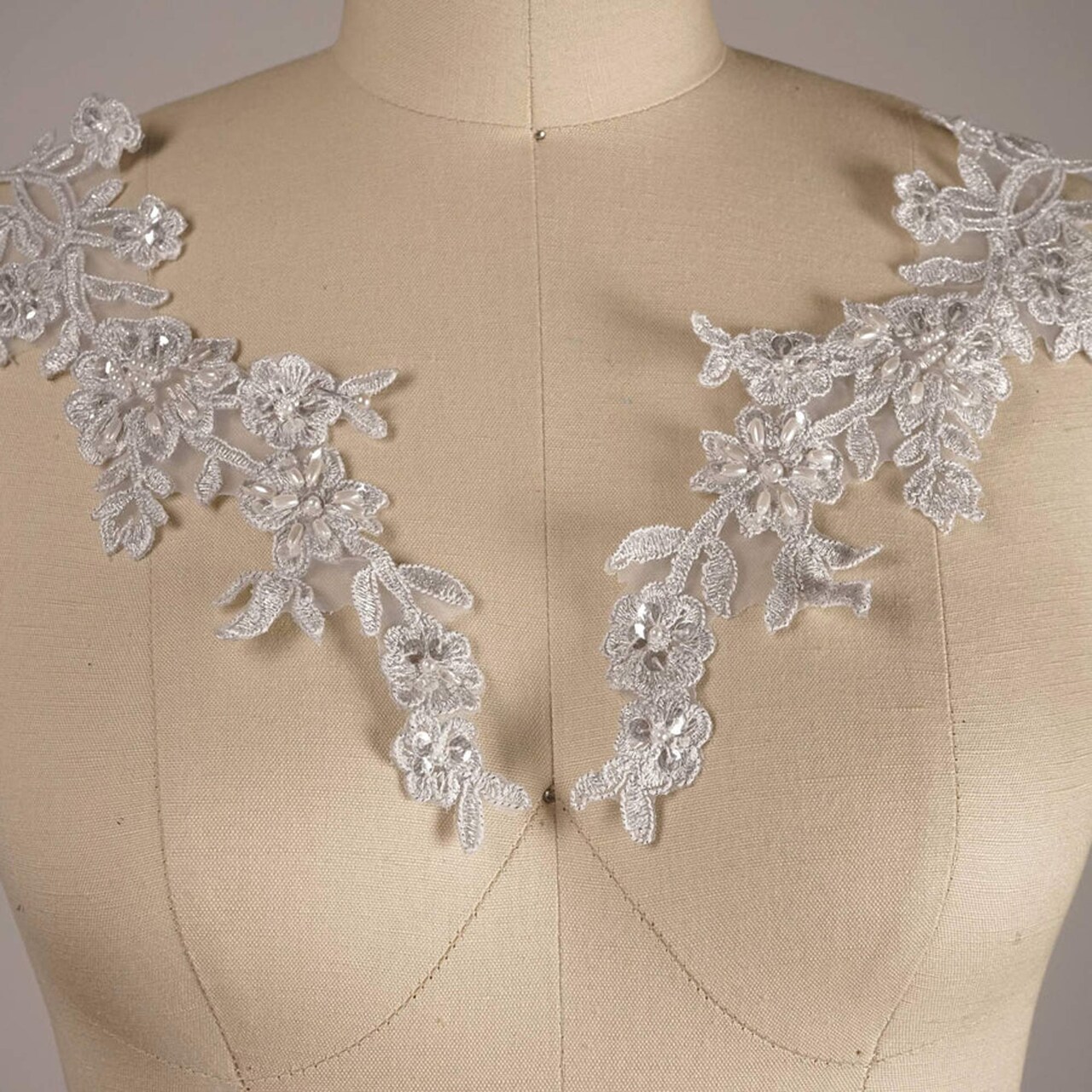 Silver Flower Branch Lace Applique 10 Inch Pearl Sequined Alencon Set